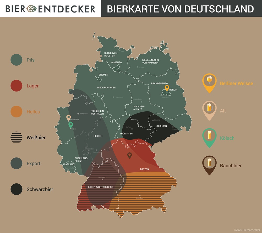Die "Bierkarte von Deutschland" zeigt die regionalen Bierstile, wie Pils, Lager, Helles, Weißbier, Export, Schwarzbier sowie spezielle Sorten wie Berliner Weisse, Alt, Kölsch und Rauchbier in verschiedenen deutschen Regionen.