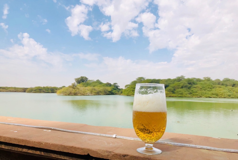 Ein Glas Bier vor einer idyllischen Landschaft aus einem See und grünen Bäumen unter einem teils wolkigen Himmel.