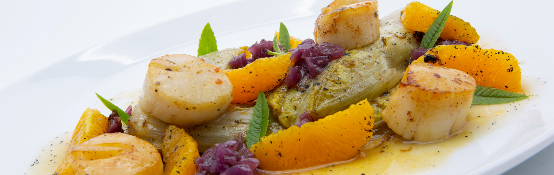 Geschmorter Chicorée mit Jakobsmuscheln und Zwiebelmarmelade