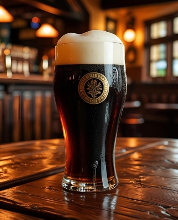 Ein Glas dunkles Bier mit cremigem Schaum auf einem Holztisch in gemütlicher Wirtshausatmosphäre.