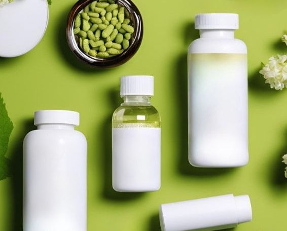 Hopfenprodukte auf grünem Hintergrund mit Blättern und Blüten.