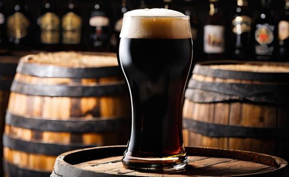 Porter Bier im Glas auf einem Holzfass